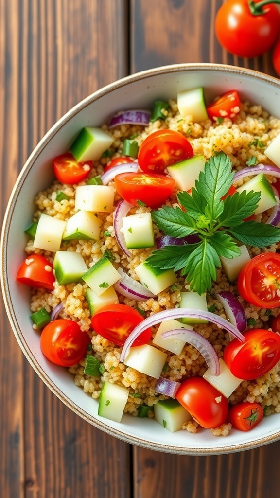 A colorful Mediterranean quinoa salad with tomatoes, cucumber, onion, and parsley in a bowl on a wooden table.